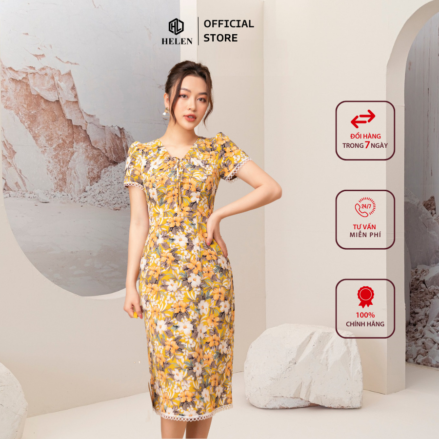 Đầm công sở HELEN thiết kế dáng ôm hoa vàng tay cộc cổ nhún cách điệu DL14