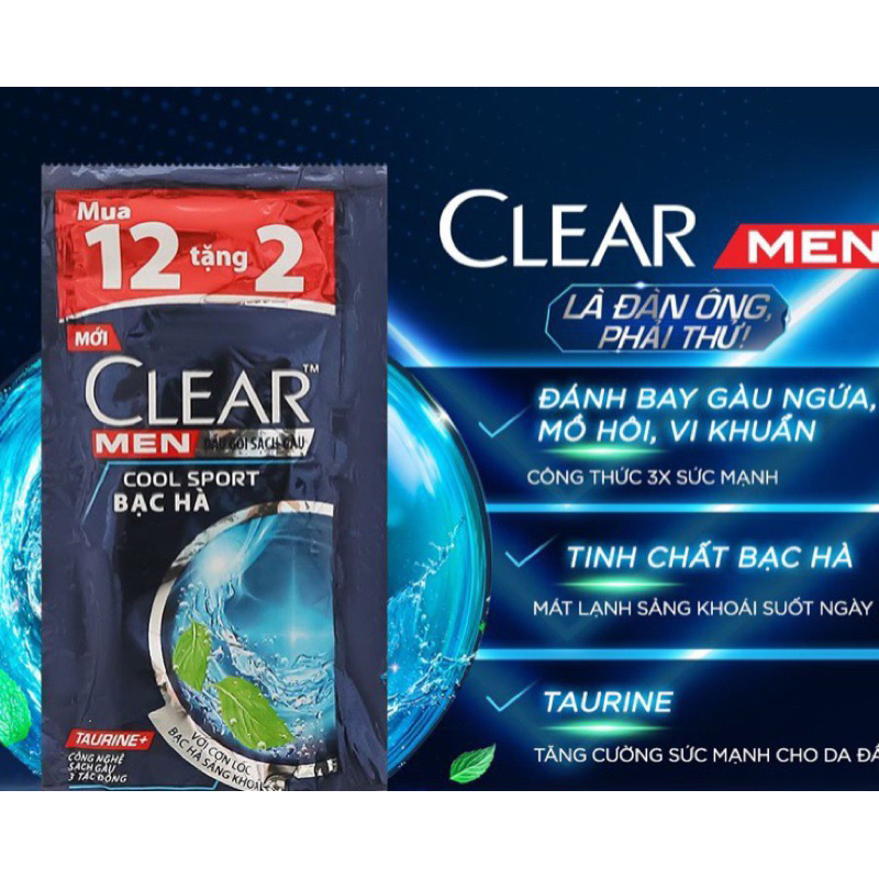 Dầu gội Clear Men bạc hà mát lạnh 4.9ml x 12 gói