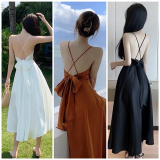 Đầm váy maxi trắng đi biển hở lưng thắt nơ to