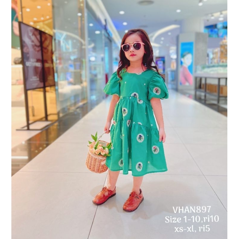 Váy Thêu Cao Cấp 1-10 Tuổi Dự Tiệc Màu Xanh, Đầm Thêu Hoa Babydoll Dáng Xòe Cho Bé
