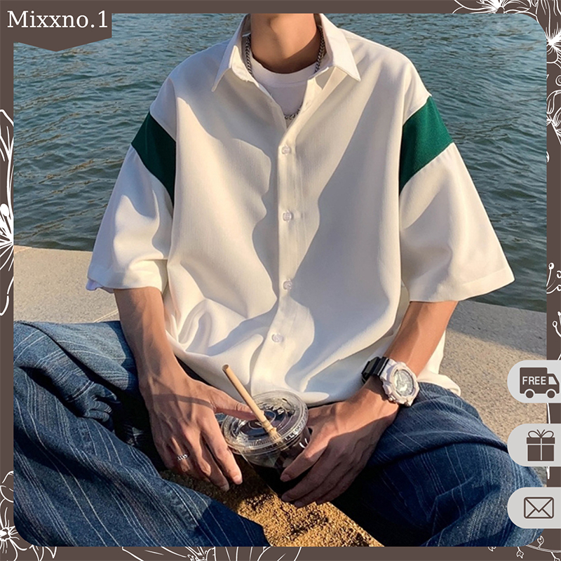 Áo Sơ Mi Nam Ngắn Tay Form Rộng Phối Viền Màu Phong Cách Hàn Quốc Thời Trang Mixxno1 SO MI NAM 038V3