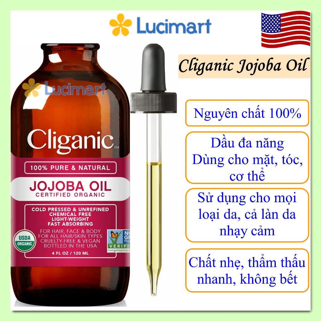 Tinh dầu dưỡng ẩm nguyên chất Cliganic USDA Organic Jojoba Oil 100% Pure and Natural, chai 120ml [Hàng Mỹ]