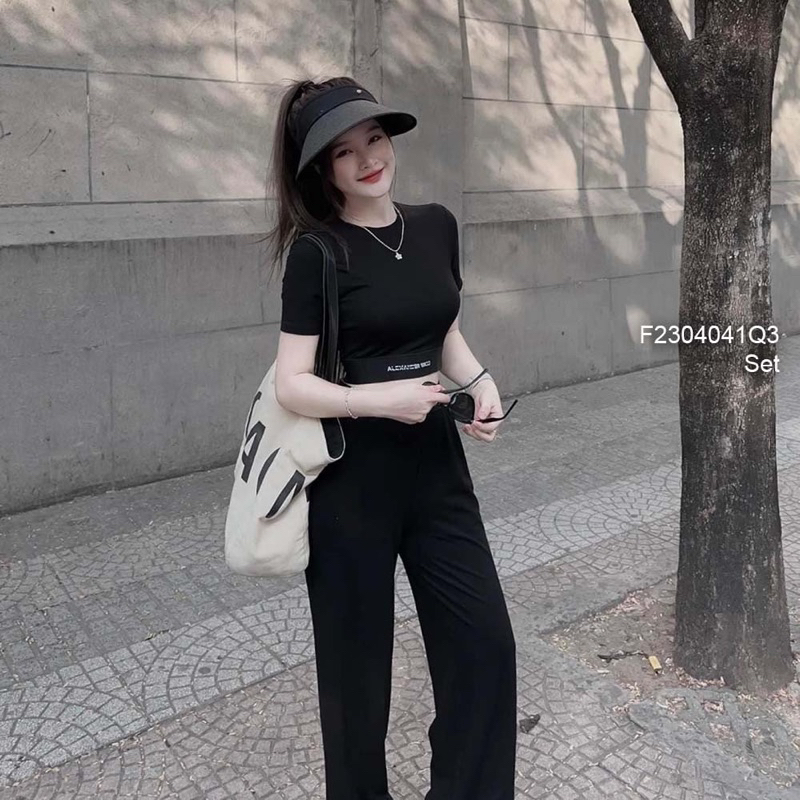 Set bộ áo croptop viền chữ phối quần suông dài sang trọng VIENS STORE