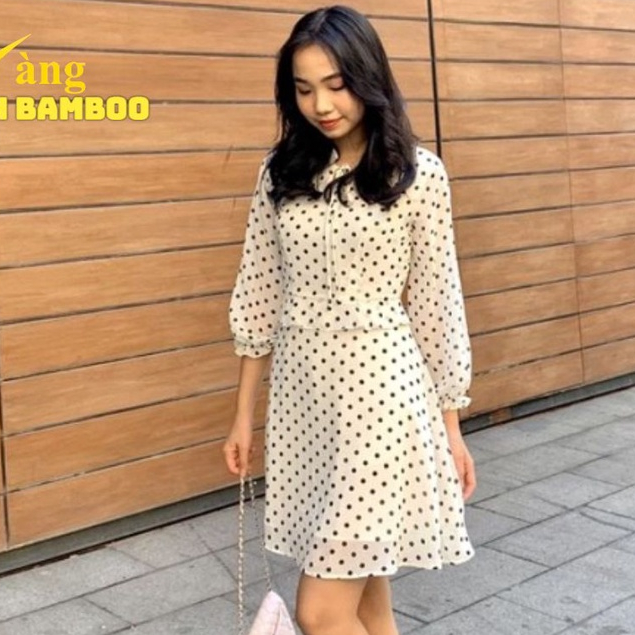Đầm voan suông chấm bi hai mảnh tay dài nàng thơ thắt lưng cao kiểu Pháp nhà thiết kế Golden Bamboo Fashion