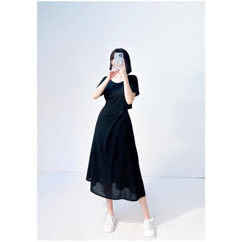 Đầm midi xoè khoét lưng dây cột rút eo sau - 2hand vintage - thanh lý đồ cá nhân