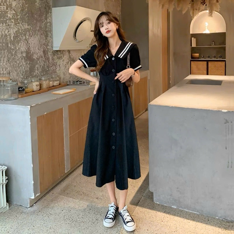 Đầm đen cổ thuỷ thủ chít eo dáng dài công sở