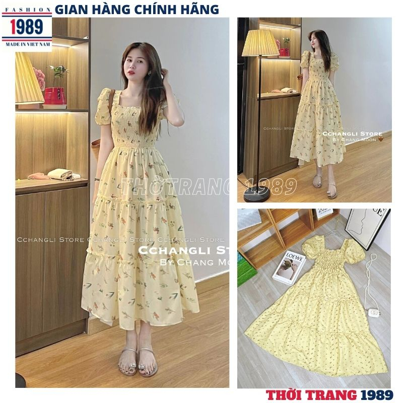 Váy maxi hoa nhí vàng chất thô mềm 🦋 đầm babydoll nữ dáng xòe dài đi biển đi chơi cổ vuông tay bồng tiểu thư hàn quốc