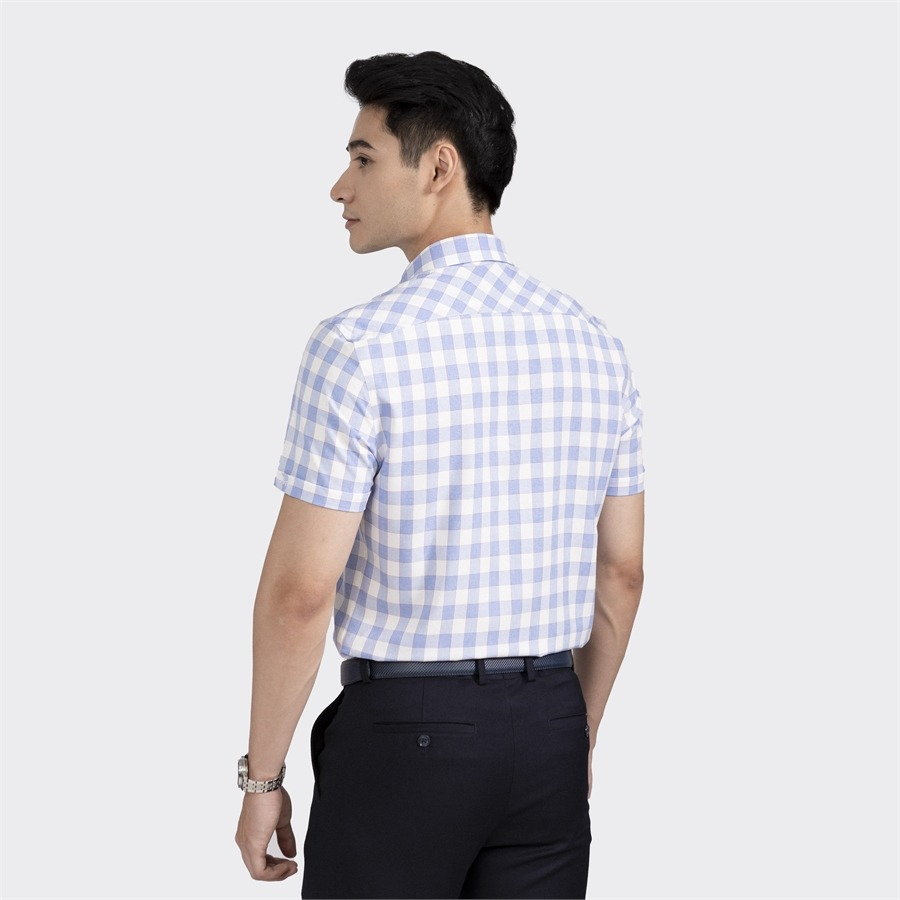 Áo sơ mi nam ngắn tay ARISTINO họa tiết rắng kẻ xanh dệt dobby thời thượng, thanh lịch - ASS074S2