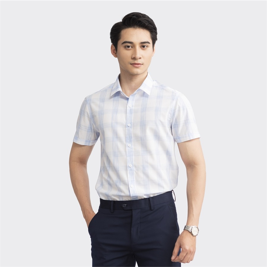 [MẪU MỚI] Áo sơ mi nam ngắn tay ARISTINO họa tiết trắng in kẻ xanh nổi bật, thanh lịch - ASS204S2