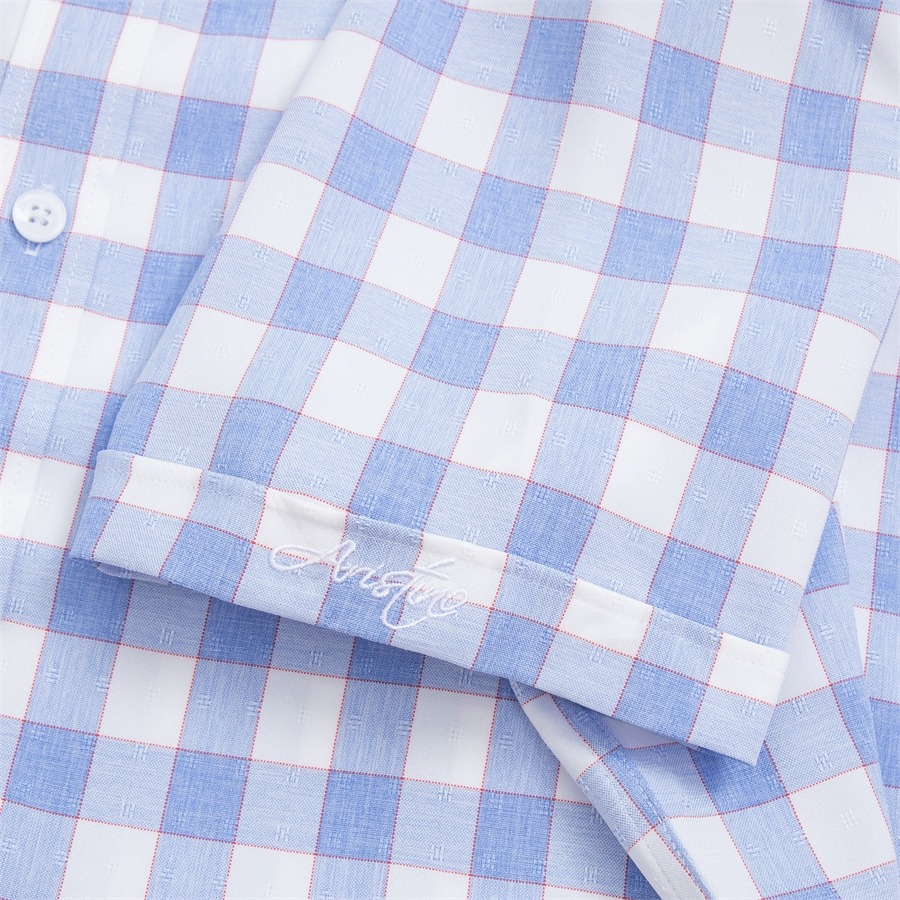 Áo sơ mi nam ngắn tay ARISTINO họa tiết rắng kẻ xanh dệt dobby thời thượng, thanh lịch - ASS074S2