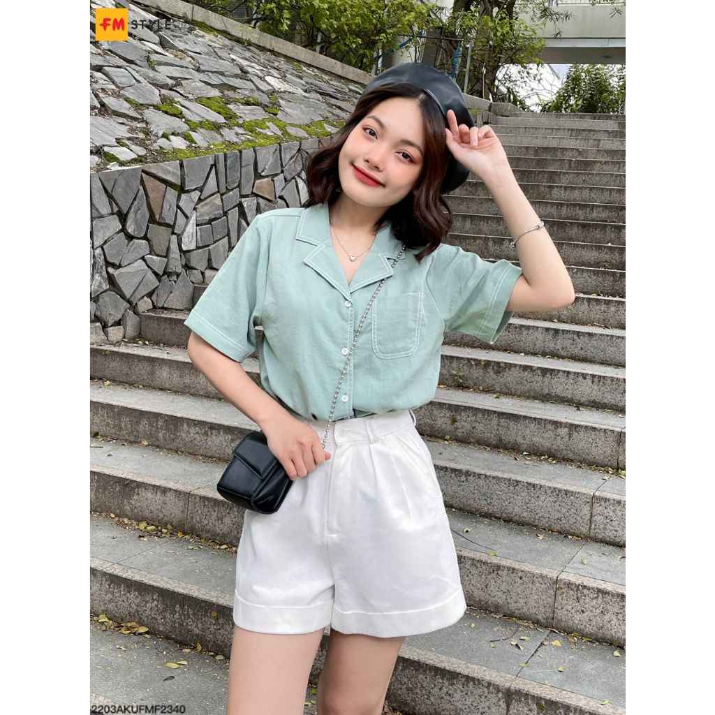 Áo sơ mi nữ kiểu tay ngắn FMSTYLE form rộng công sở Hàn Quốc chất Cotton cao cấp cách điệu chỉ nổi tôn da 23051271