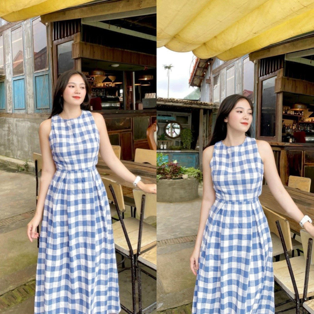 Đầm dài kẻ sọc caro cổ tròn ngày hè cho nữ Đầm xòe