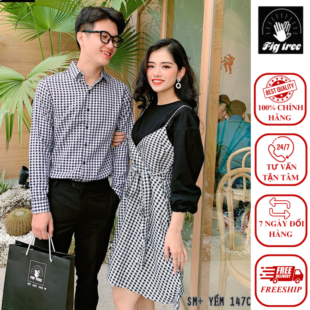 Set Sơ Mi Yếm Đôi FIGTREE Caro Đen Mã 147C Thời Trang Nữ Kèm Áo Thun