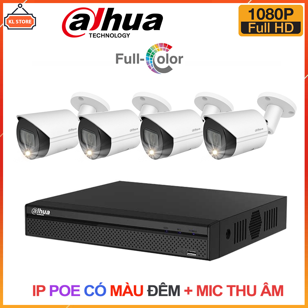 Bộ Camera IP PoE 4 Kênh Dahua 2MP Full HD 1080P Có Màu Ban Đêm Tích Hợp Mic Thu Âm