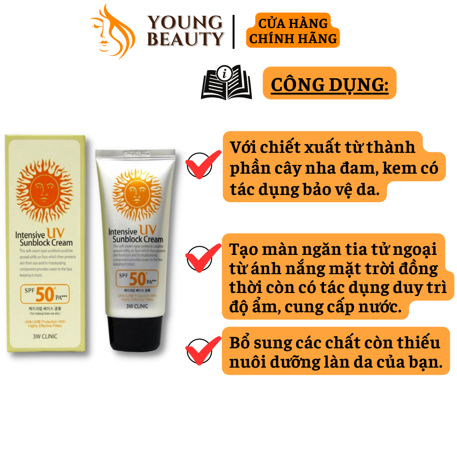 Kem chống nắng 3W Clinic Intensive UV Sunblock Cream SPF 50 PA+++ (70 ml) giúp dưỡng ẩm và bảo vệ da - YOUNG BEAUTY