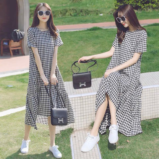 Đầm maxi caro đuôi cá lệch tà