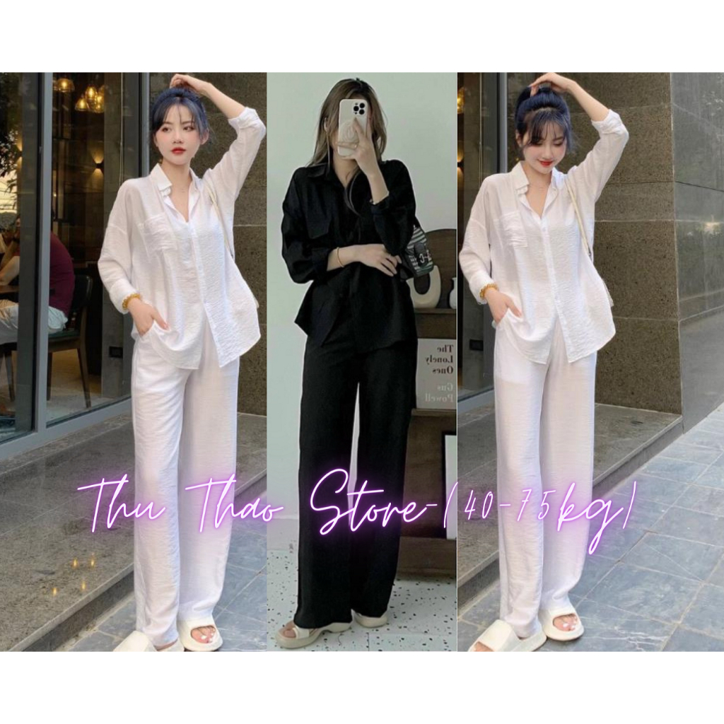 Set Bộ Đũi Tiểu Thư Áo Trắng Dài Tay và Quần Suông đũi -Hàng Thiết Kế Size S M,L XL