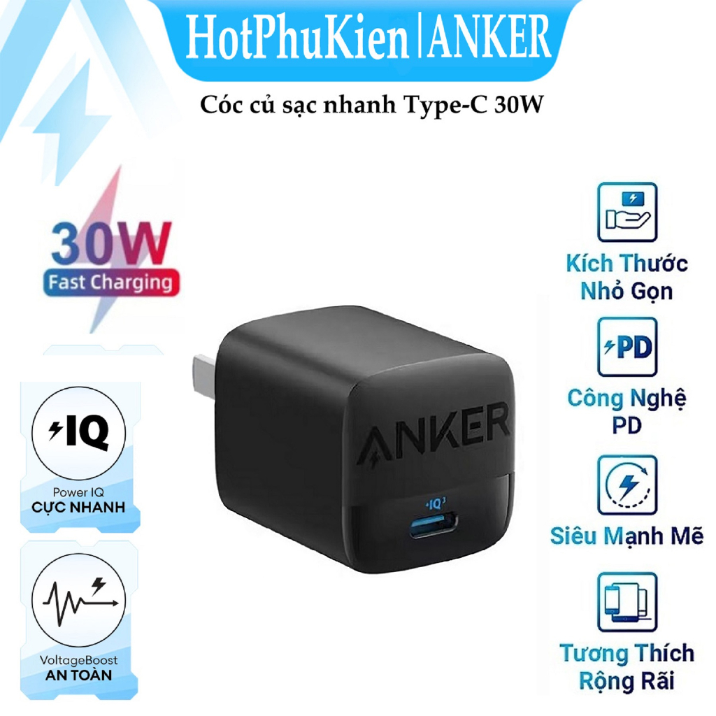 Cóc củ sạc nhanh 30W cổng USB C công nghệ GaN2 chuẩn sạc PD Type C 3.0 hiệu Anker 313 A2639 - HPK Phân phối