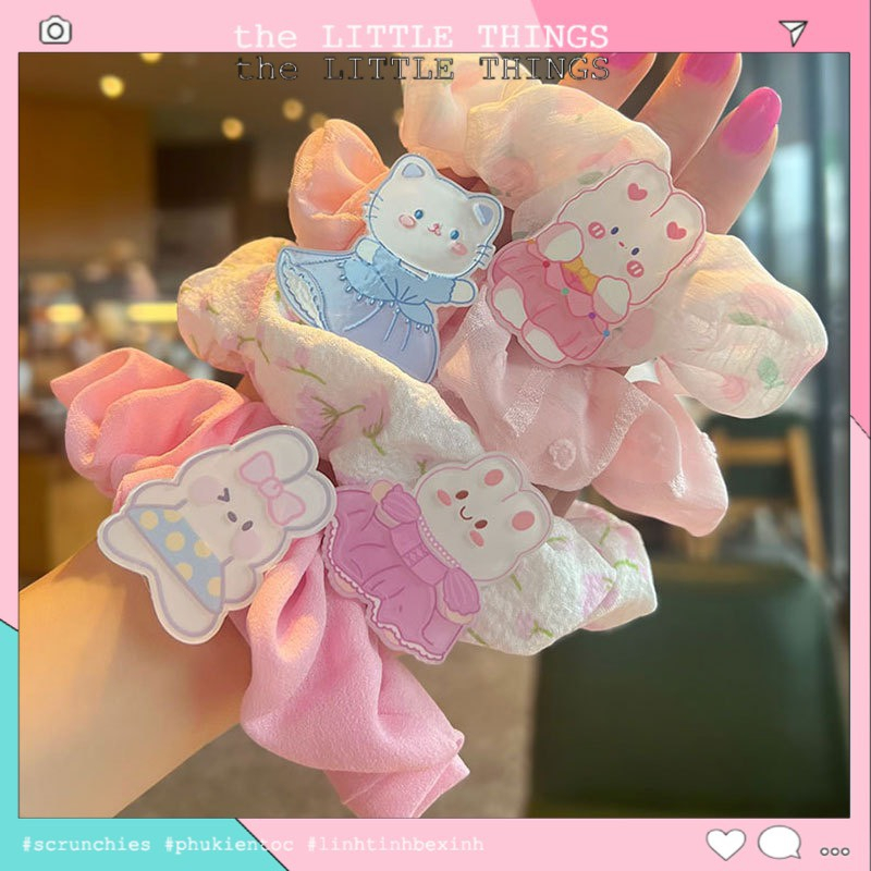 Dây cột tóc scrunchies thỏ mèo hồng dễ thương màu nhẹ nhàng,phụ kiện buộc tóc phong cách hàn quốc