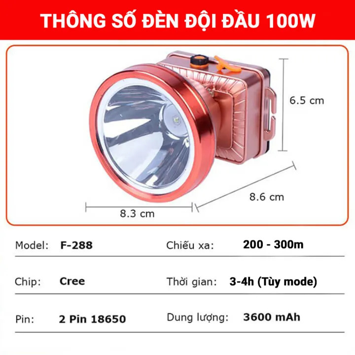 Đèn Pin Đội Đầu 1 Bóng KAW Led 100w Pin 3600mah Sử Dụng 5-8h, IPX6