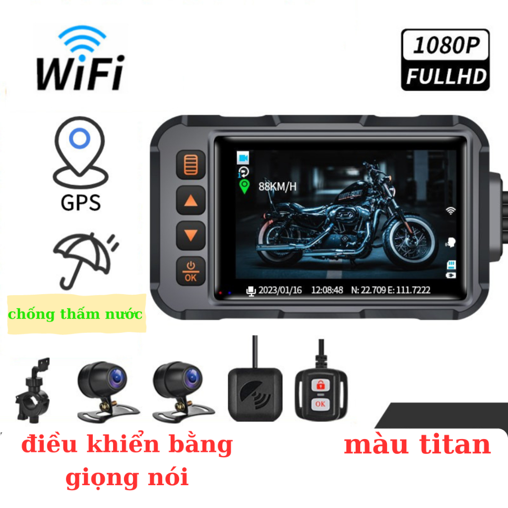 Camera hanh trình xe máy, ô tô HD 1080P điều khiển bằng giọng nói thông minh GPS camera đi xe WIFI không thấm nước