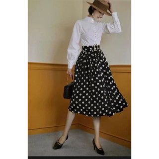 Chân váy xòe đen bi trằng kèm đai 2 lớp dài 75cm hot – trend💕𝑭𝑹𝑬𝑬𝑺𝑯𝑰𝑷💕