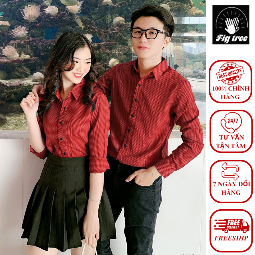 Set Áo Sơ Mi Cặp FIGTREE Caro Đỏ Nhí Mã 51D Cực Hot