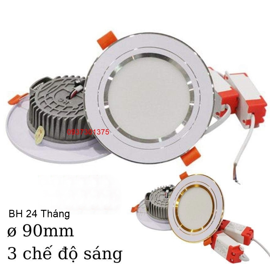 Đèn Led âm trần 7w 3 chế độ sáng phi 90 viền vàng,viền bạc,mặt phủ 120mm