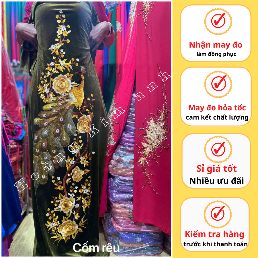 Vải nhung thêu công kiểu 2, vải áo dài nhung cao cấp thêu lắc tay (Sỉ lẻ vải áo dài giá xưởng)