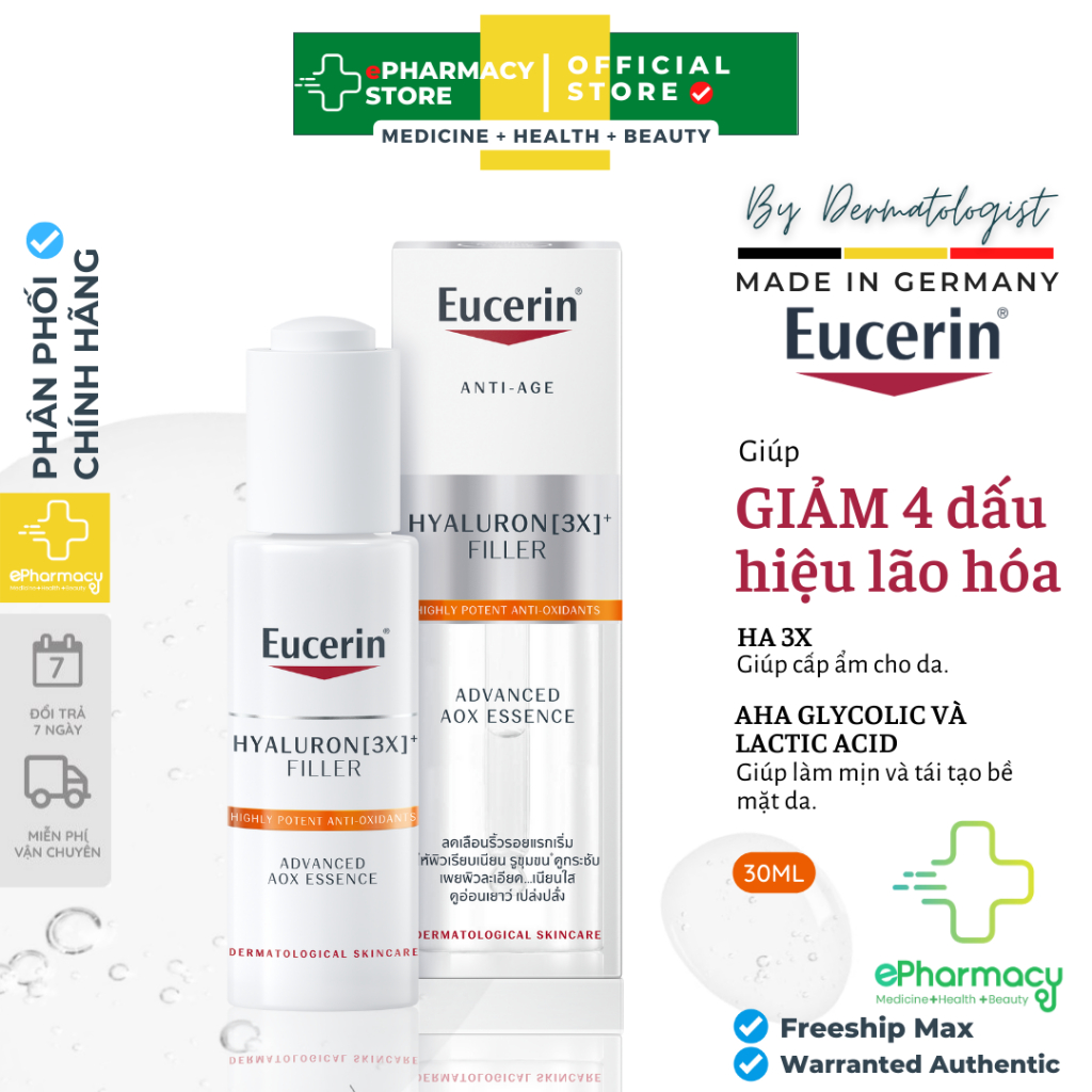 Tinh chất Eucerin Hyaluron + Filler Advanced AOX Essence chống oxy hóa và thu nhỏ lỗ chân lông 30ml