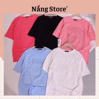  Áo phông nữ chữ Mos dập nổi Áo thun form rộng dáng dài dấu quần 