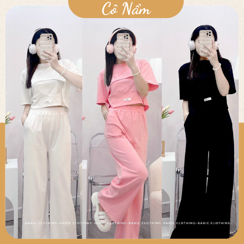 Set Bộ Đồ Nữ 3 Chi Tiết Áo Croptop Ngắn Tay Mix Chân Váy Suông Dáng Rộng Freesize