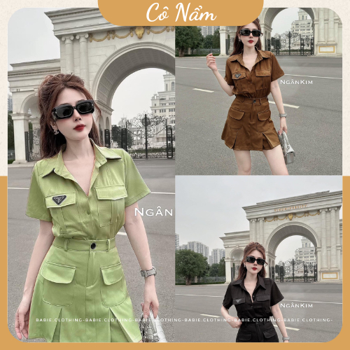 Set Bộ Đồ Nữ Áo Sơ Mi Prada Cổ Bẻ Túi Hộp Mix Chân Váy Chữ A Phối Kiểu Freesize
