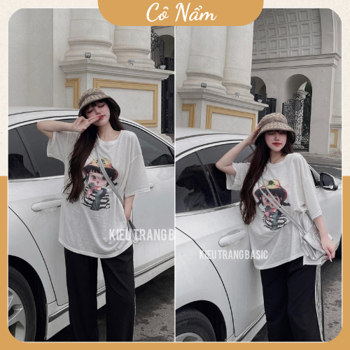 Set Bộ Đồ Nữ Áo Phông Giấy Thụng In Cô Gái Đội Mũ Mix Quân Suông Ống Rộng Kẻ Sọc