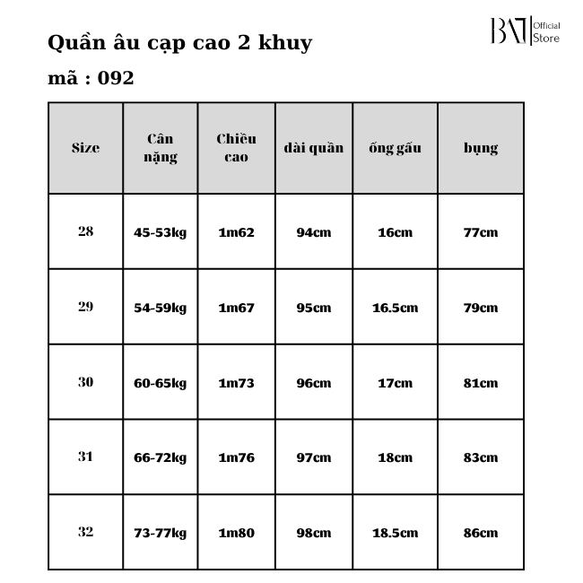 Quần tây âu nam BAT STORE cạp cao 2 khuy mã 092  vải cát hàn,dáng lửng cao thời trang nam hàn