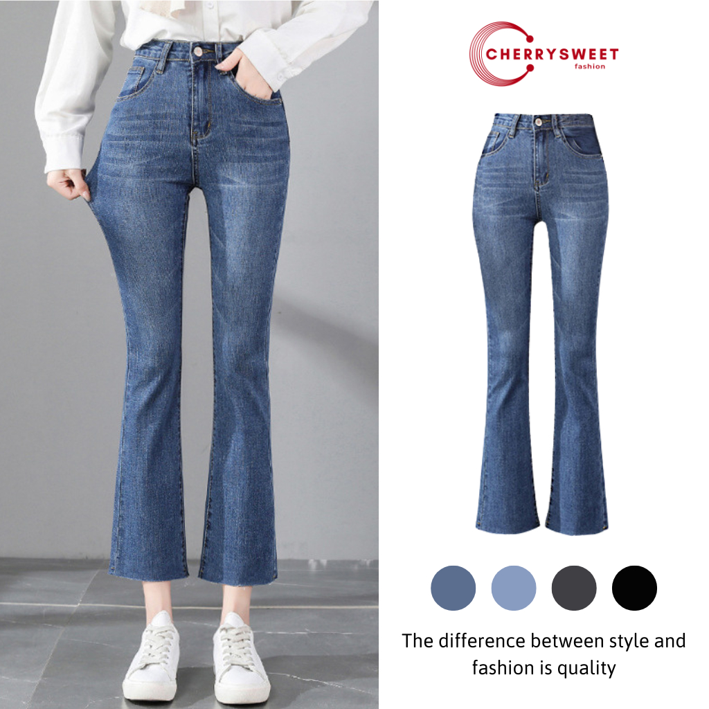 Quần jean nữ CHERRYSWEET ống loe lửng lưng co dãn phong cách hàn quốc cạp cao chất bò xịn dễ phối đồ T025