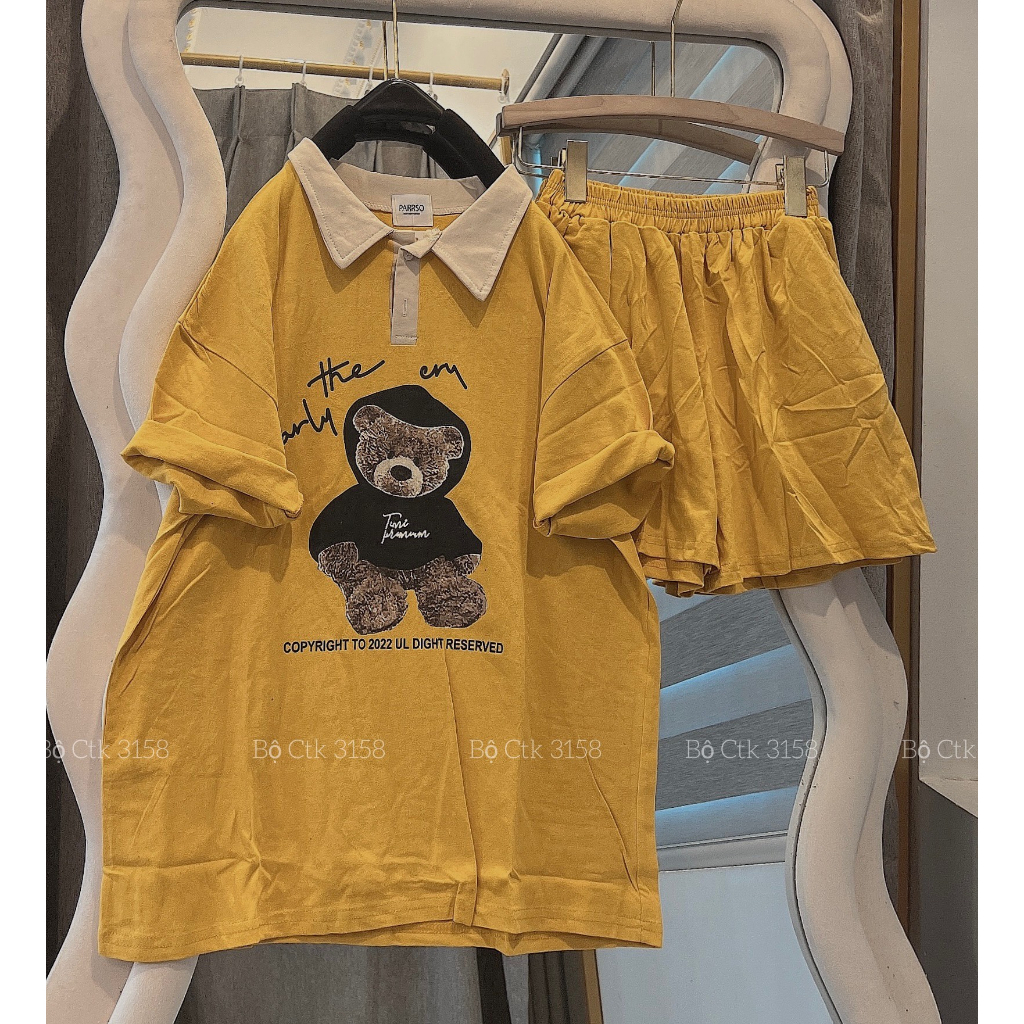 Set Cộc THể Thao Cổ Bẻ 3158 CHất Cotton Khô Hình Gấu Nam Nữ Ngắn Cạp CHun Tay Lỡ Bigsize