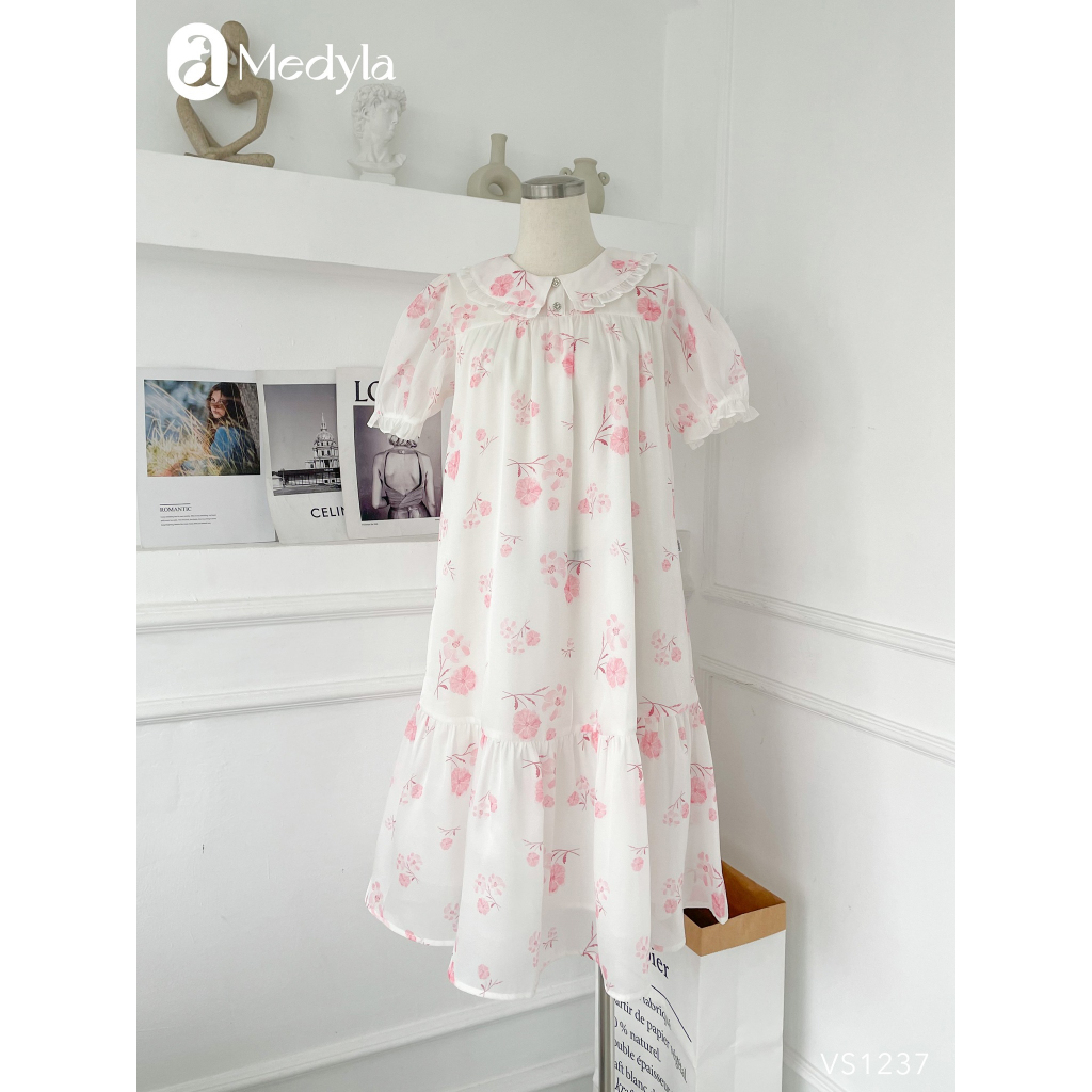 MEDYLA - Váy bầu mùa hè công sở tơ in hoa hồng đầm bầu thiết kế sang trọng cho bầu đi chơi, đi tiệc - VS1237