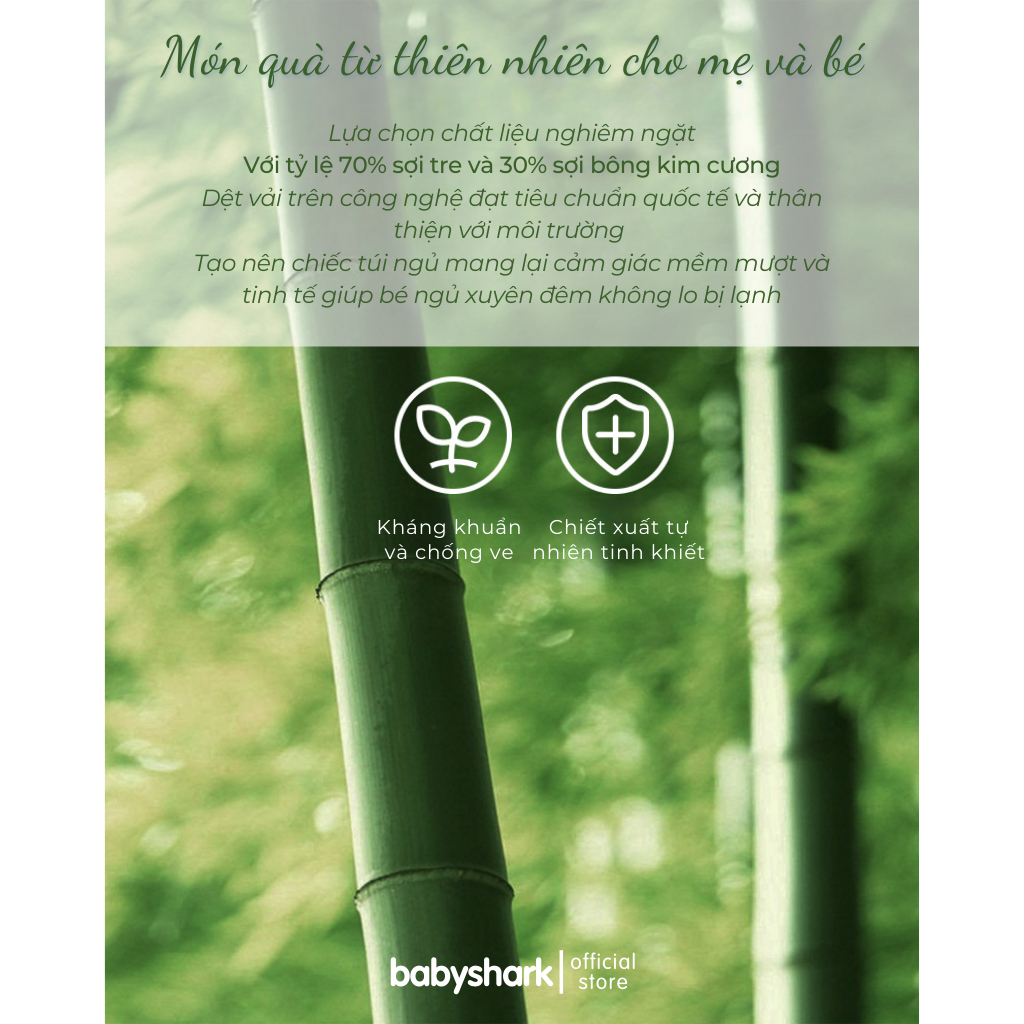 Túi ngủ cho bé sợi tre tự nhiên Babyshark 4 lớp siêu nhẹ và thoáng khí giúp bé ngủ ngon chống giật mình