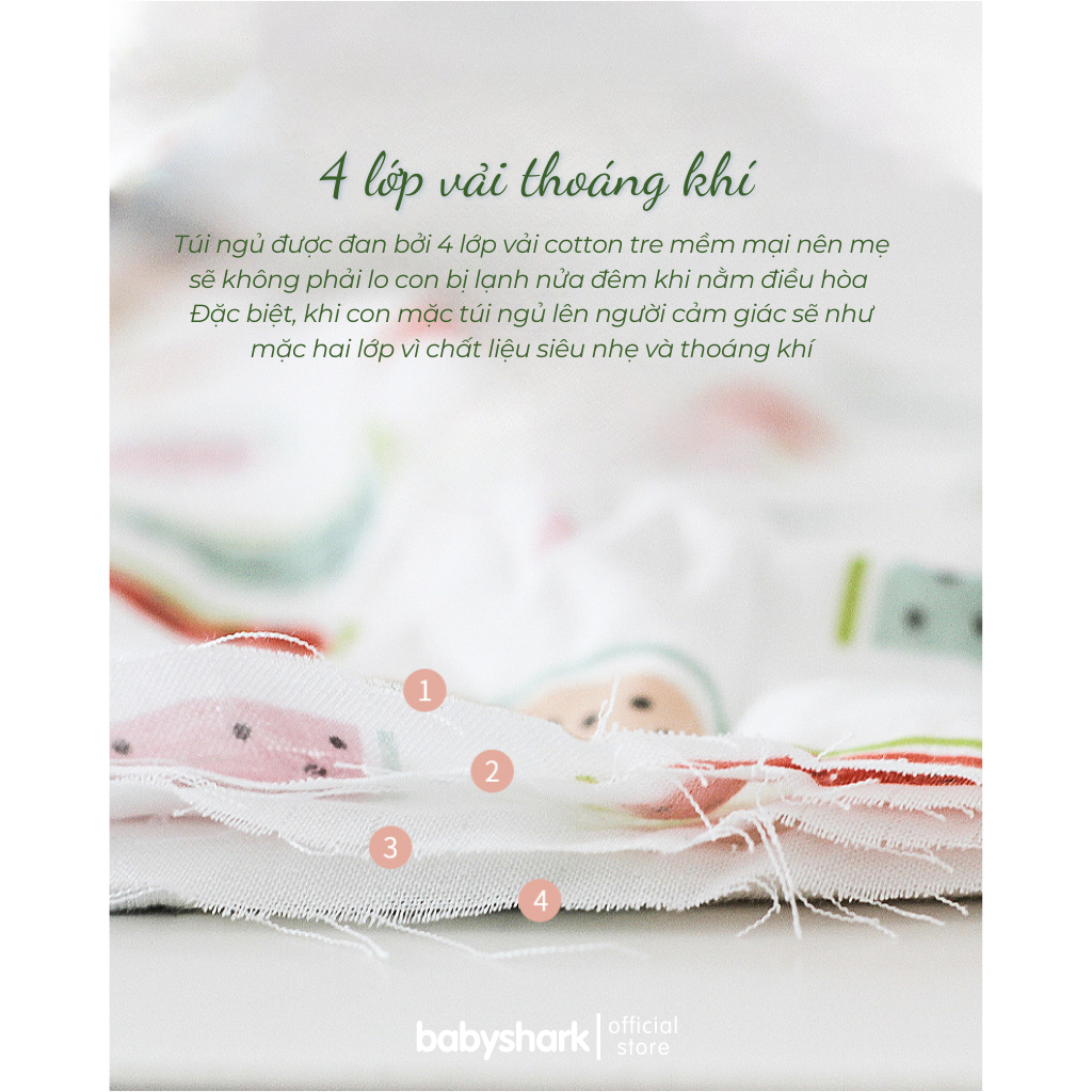 Túi ngủ cho bé sợi tre tự nhiên Babyshark 4 lớp siêu nhẹ và thoáng khí giúp bé ngủ ngon chống giật mình