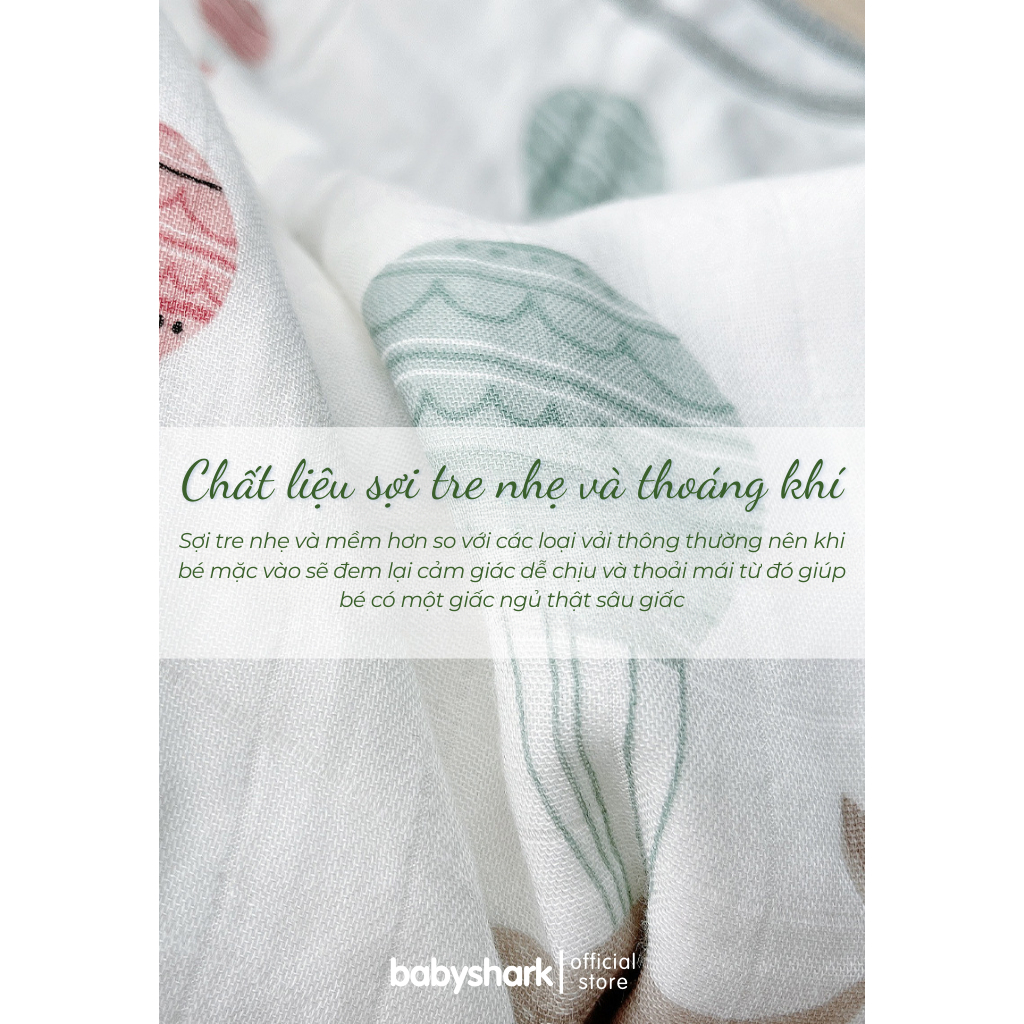 Túi ngủ cho bé sợi tre tự nhiên Babyshark 4 lớp siêu nhẹ và thoáng khí giúp bé ngủ ngon chống giật mình