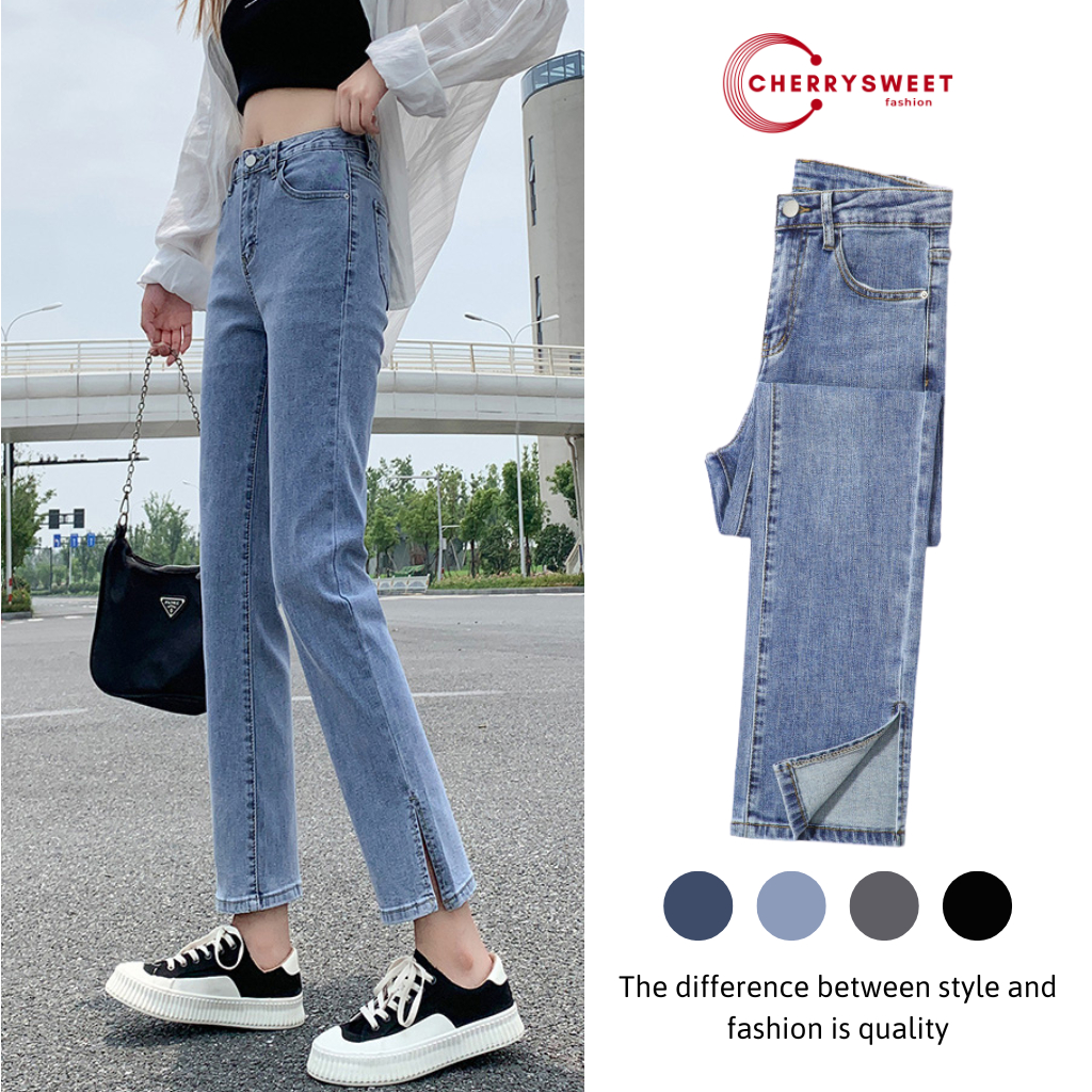 Quần jean nữ CHERRYSWEET xẻ gấu ống đứng dáng lửng phong cách hàn quốc chất vải bò cao cấp dễ phối đồ T031