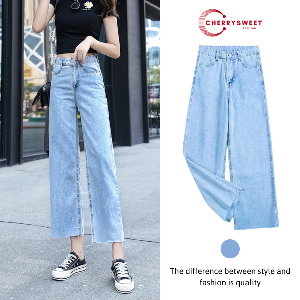 Quần jean nữ CHERRYSWEET ống rộng lưng cao dáng lửng phong cách hàn quốc chất bò mịn bigsize dễ phối đồ T038