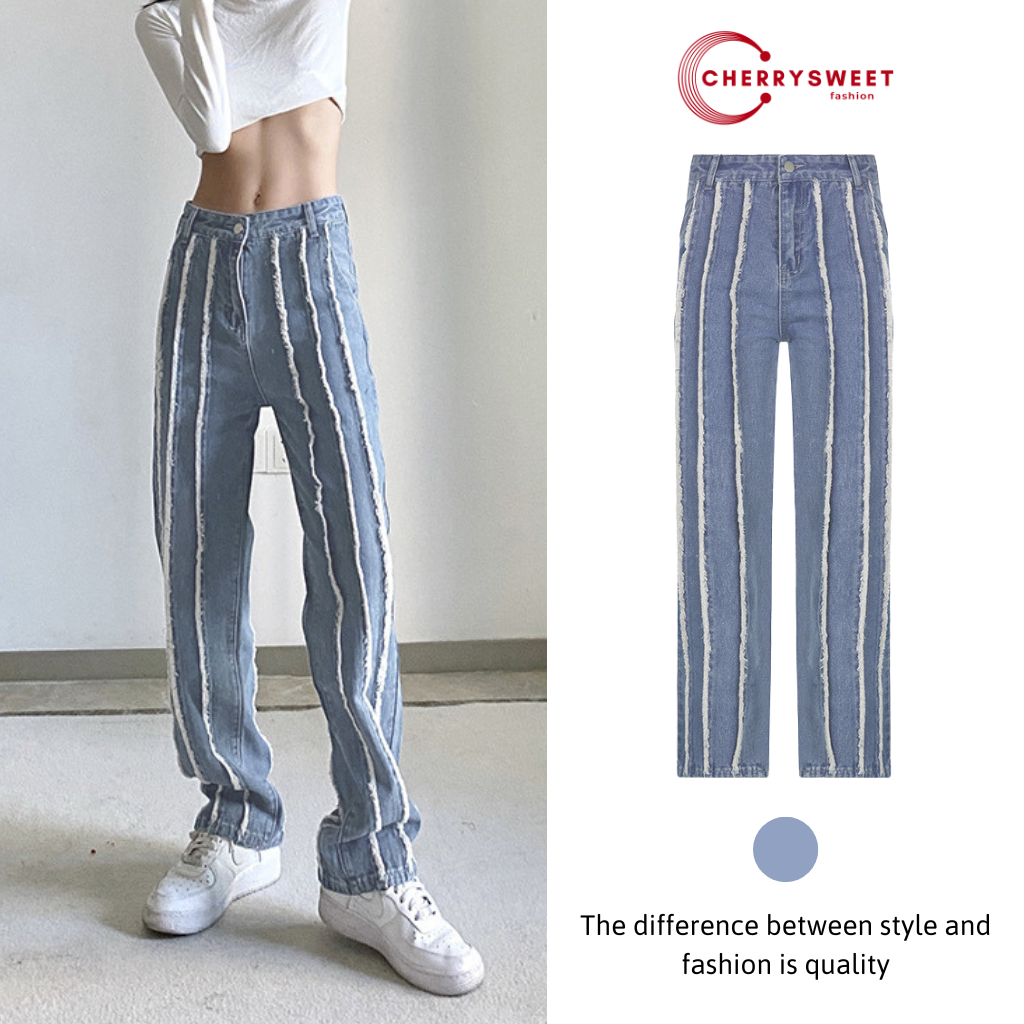 Quần jean nữ ống rộng phá cách CHERRYSWEET kiểu dáng retro phối tua rua, chất bò xịn thiết kế độc lạ cao cấp T062