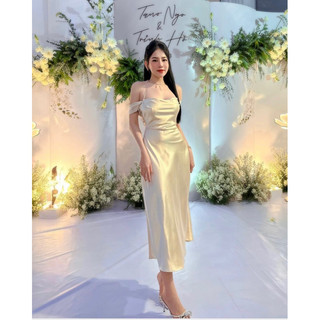 Đầm lụa cổ đỗ trễ vai dáng dài cao cấp - váy lụa trễ vai dáng dài tôn dáng sang chảnh