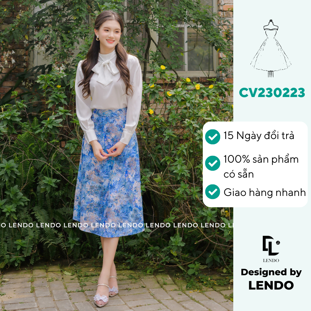 Chân váy gấm vân hoa mềm, Chân váy xòe hoa hồng xanh LENDO CV230223