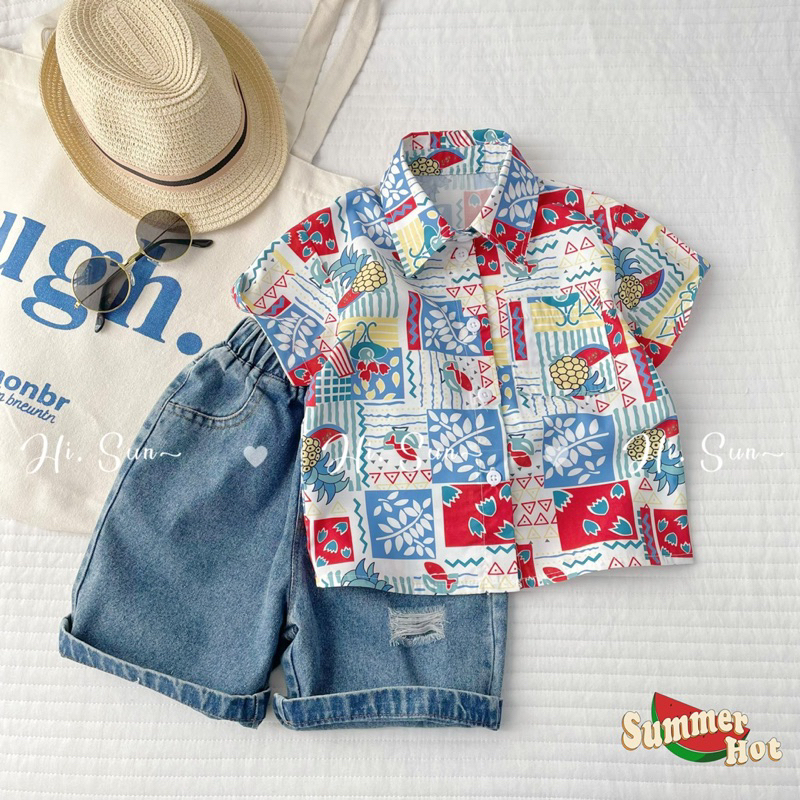 Set bộ sơmi hoa kết hợp quần bò xanh hisun cho bé trai siêu đẹp size từ 12-38 cân