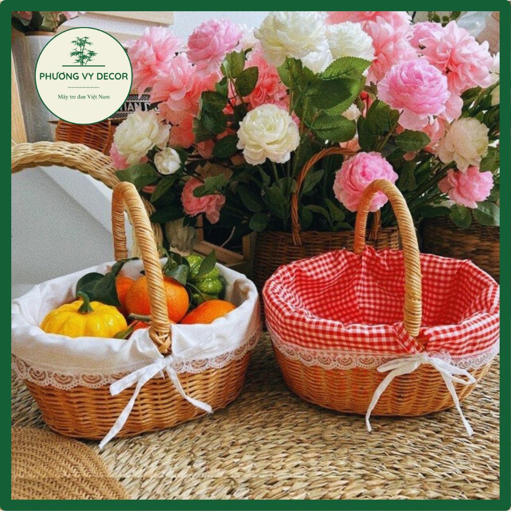 Giỏ mây picnic, làn mây có lót vải ren decor du lịch chụp ảnh dã ngoại xinh xắn Phương Vy Decor