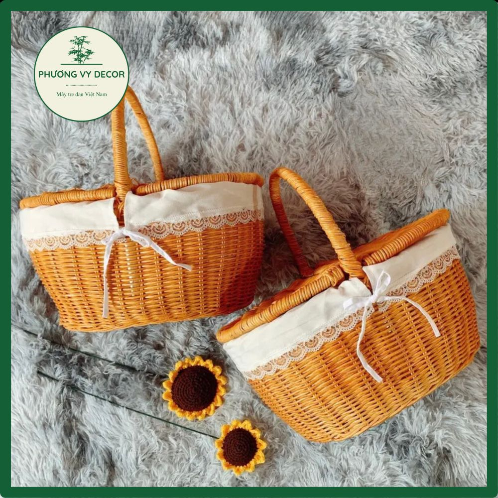 Giỏ mây có nắp trang trí, giỏ mây picnic chụp ảnh decor xinh xắn Phương Vy Decor