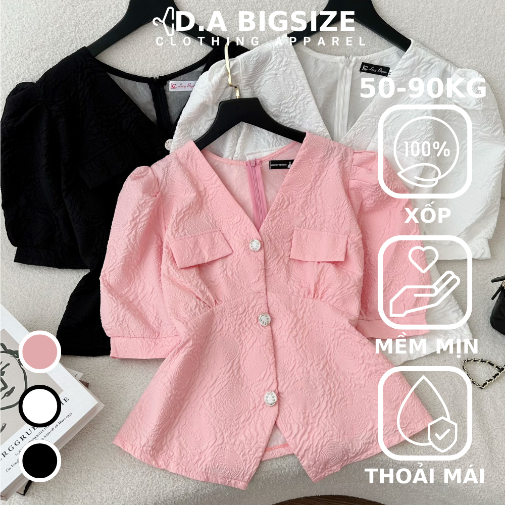 Áo Kiểu Nữ Bigsize , Áo Nữ Cổ Tim Tay Phồng Với Chất Xốp Họa Tiết Che Khuyết Điểm Cho Người Mập 50.90kg